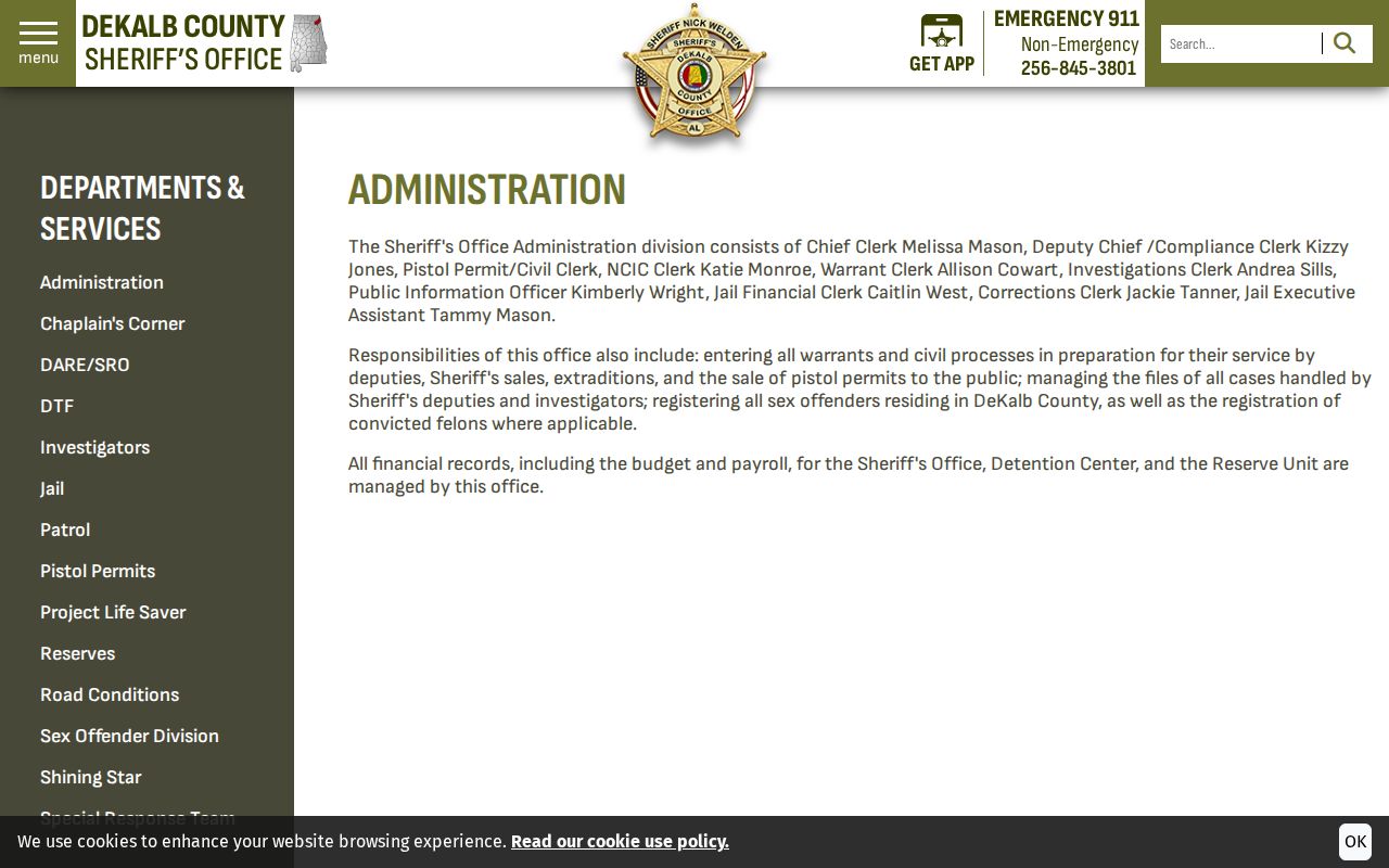 DeKalb County arrest warrant clerk duties on Sheriff administration page