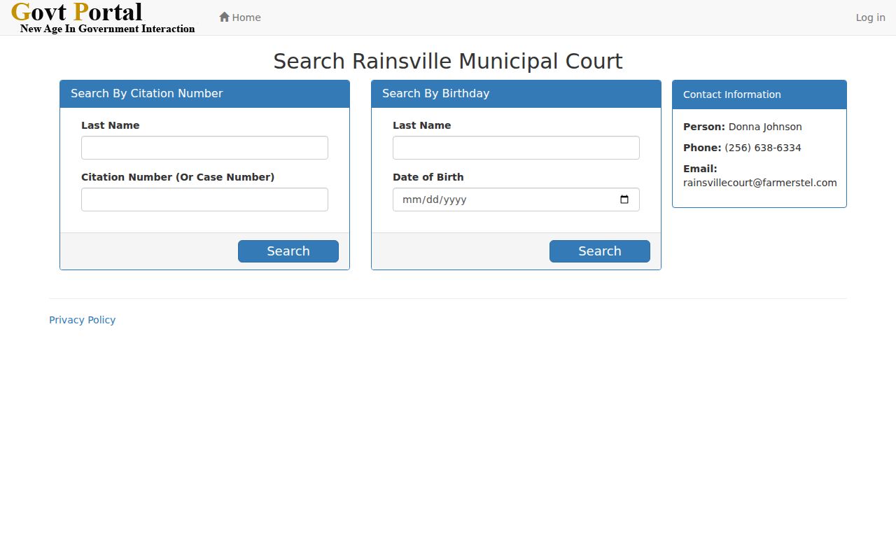 Rainsville municipal citation search fields for citation number and date of birth