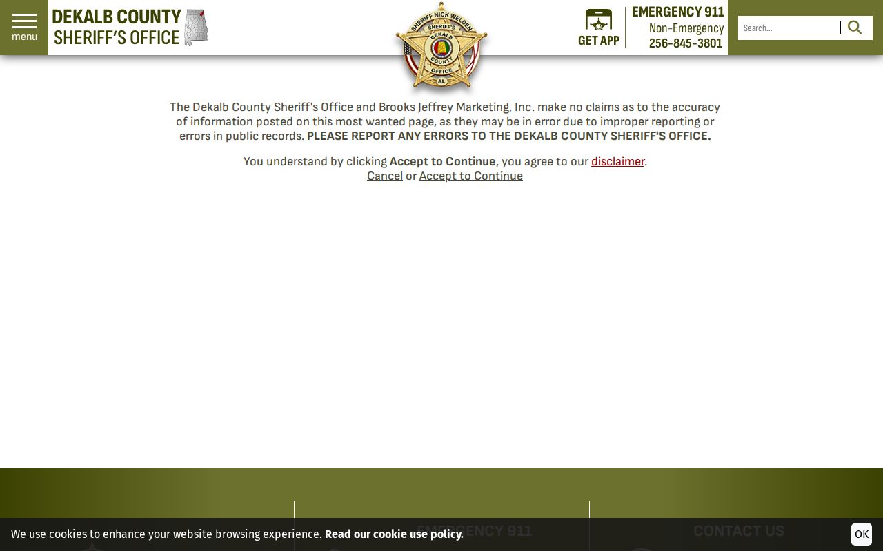 DeKalb County Sheriff Most Wanted official accuracy disclaimer